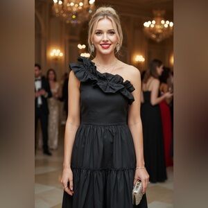 NWT ChePè Black One Shoulder Ruffle Tiered Maxi Dress XS